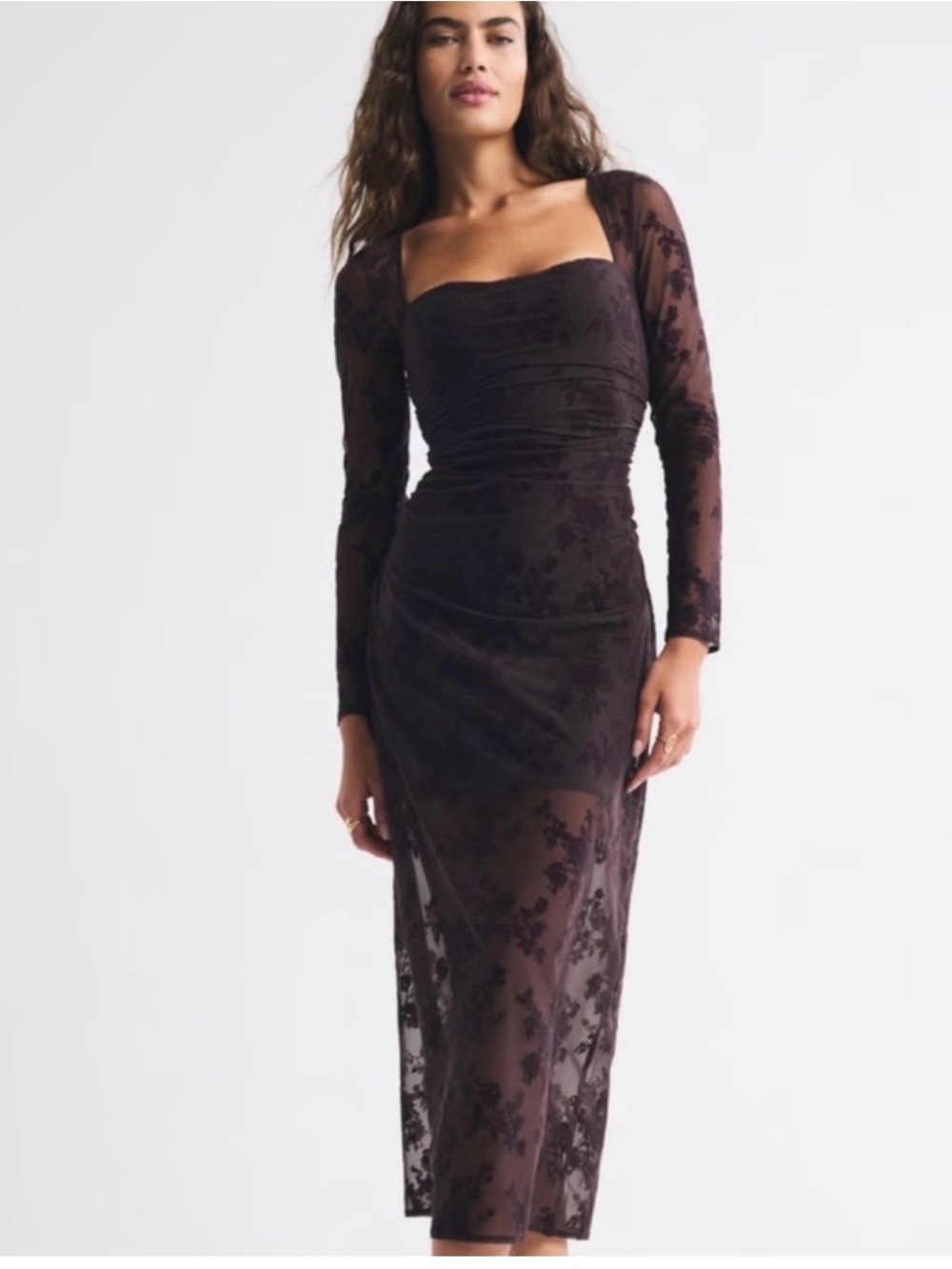 Abercrombie & Fitch Dark Plum Floral Lace Long-Sleeve Midi Dress